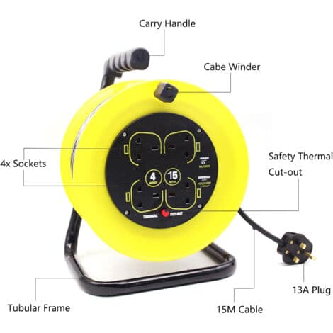 Heavy Duty 15m 4Way Gang Socket Extension Cable Reel Electrical Lead Socket