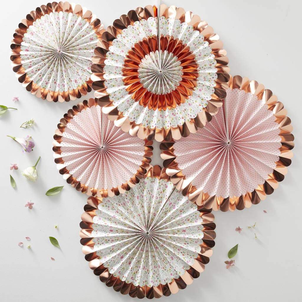 Ditsy Floral Rose Gold Foiled Pin Wheel Fan Decorations By Ginger Ray