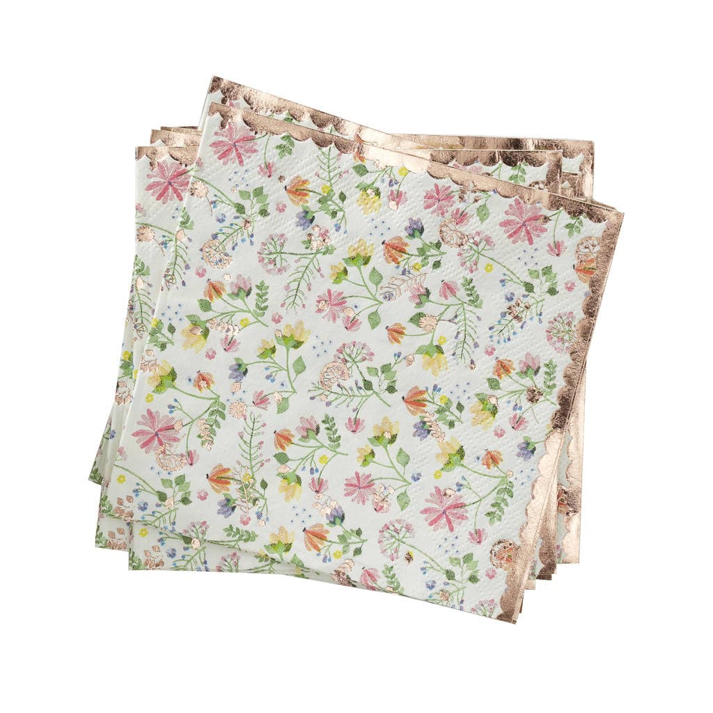 Floral Print Rose Gold Foiled Party Paper Napkins By Ginger Ray