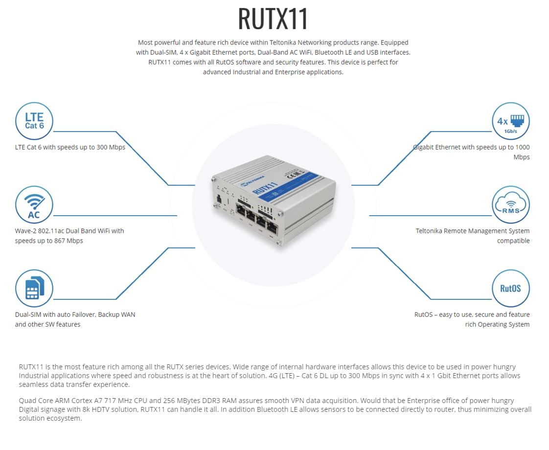 Teltonika RUTX11 | Buy Teltonika RUTX11 Industrial Dual SIM 4G LTE CAT6 ...