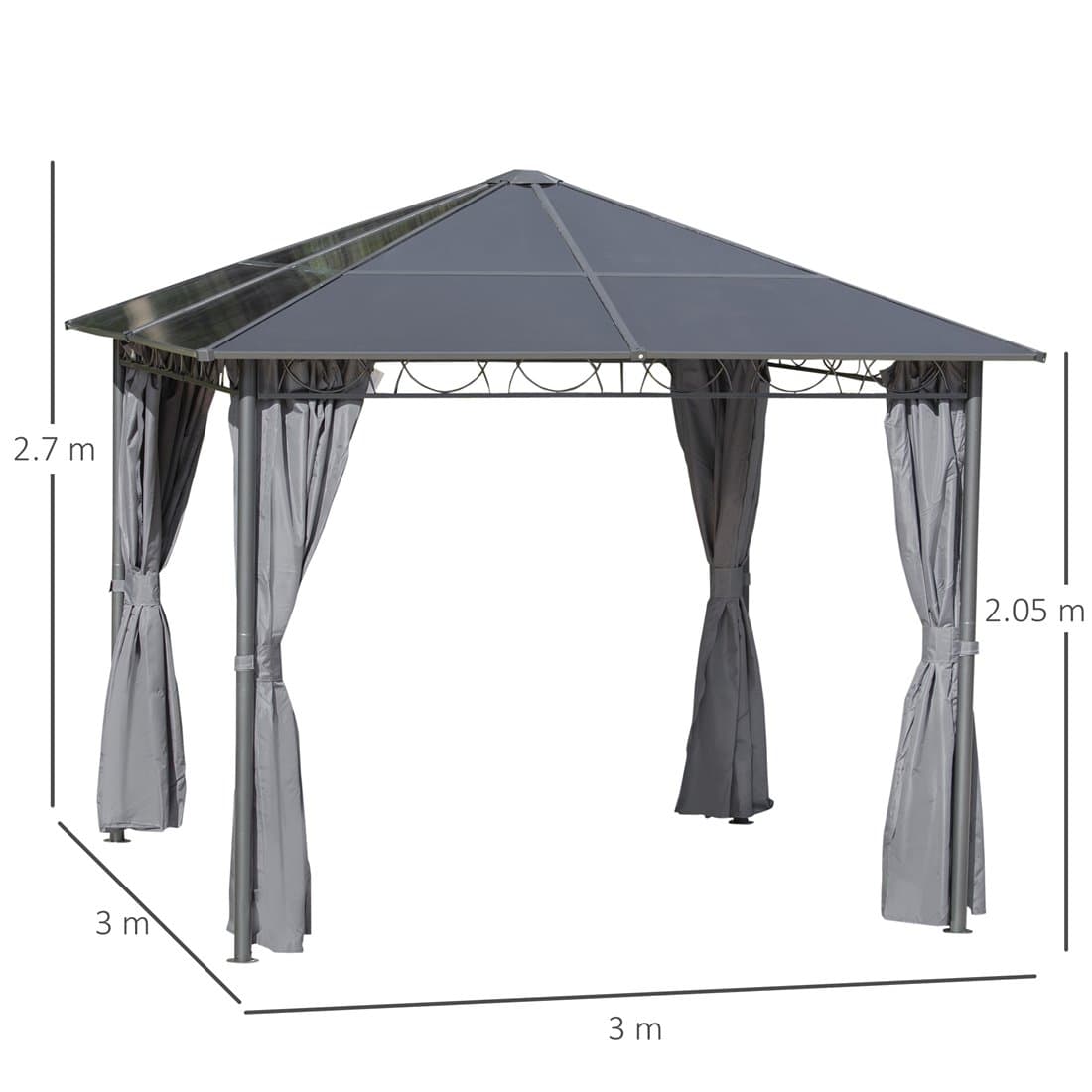 Outsunny 3x3m Hardtop Gazebo with UV Resistant Polycarbonate Roof, Grey