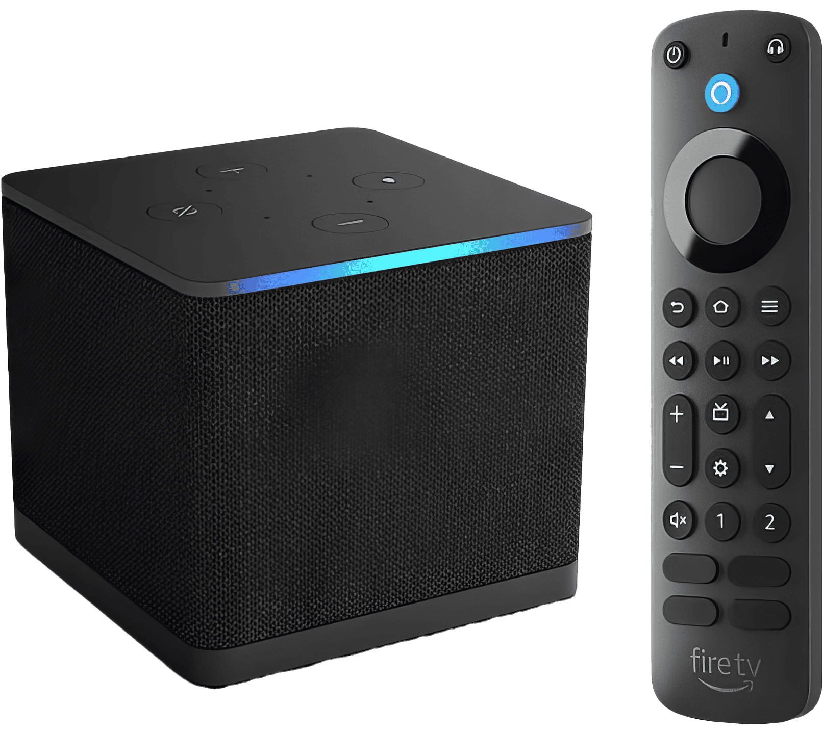 The Amazon Fire TV Cube with Alexa Voice Remote Pro is a sleek, black ...
