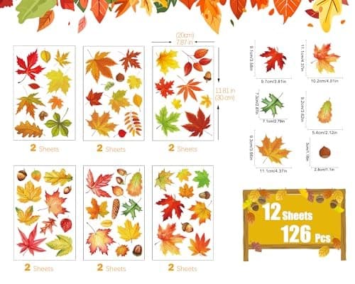 12 Sheets Fall Leaf Window Clings, 126 Pcs Large Size Double Sided ...