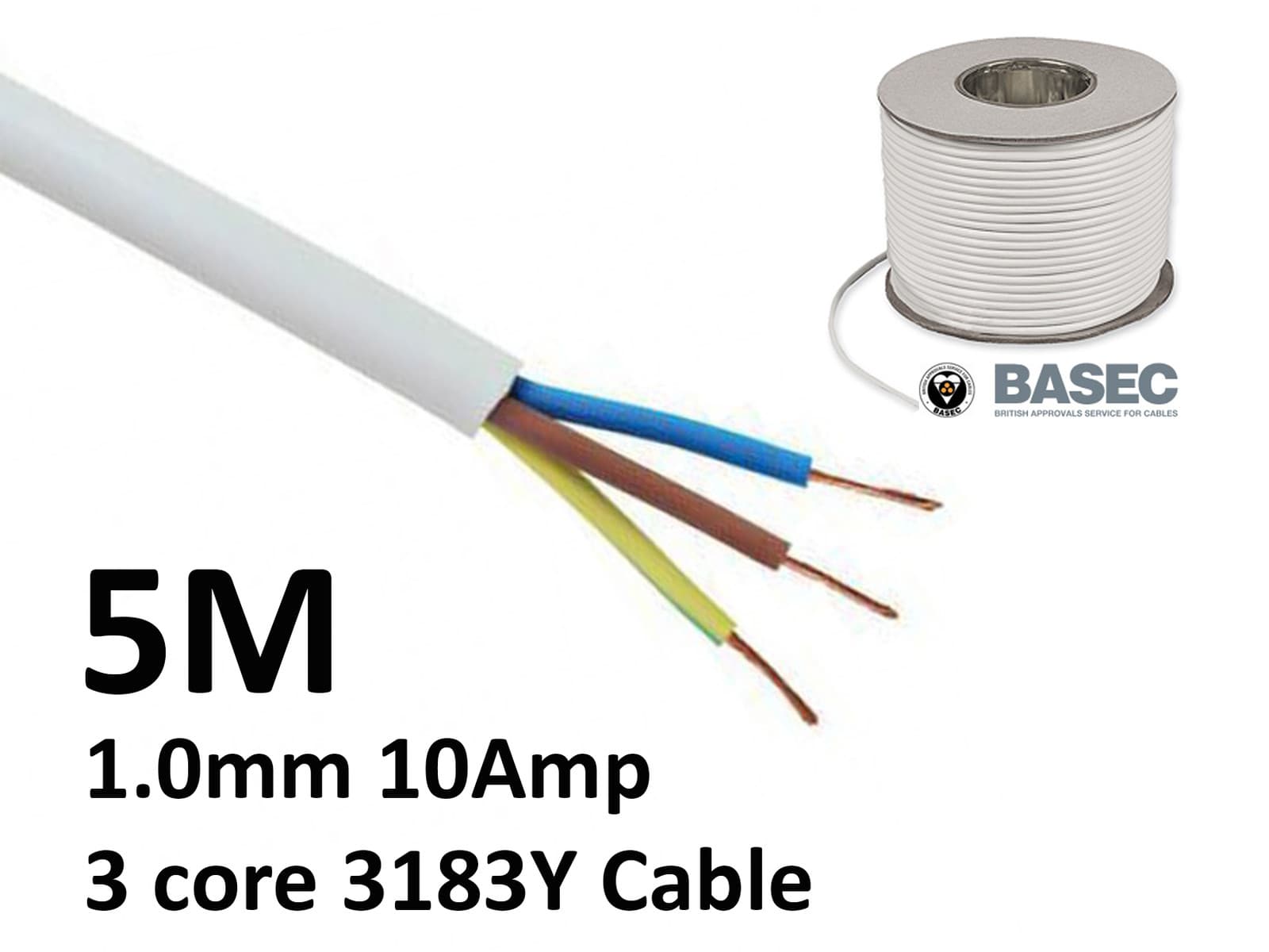 5M White PVC Flexible Cable Round Flex 3 core 1.0mm 10 Amp 3183Y Wire ...