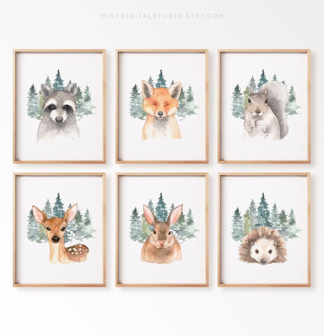 Woodland Animal Nursery Prints – Set of 6 Forest Wall Art for Baby Boy ...