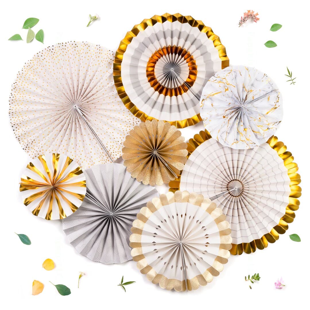 Papakit Paper Fans Party Wall Decoration Set ivory & Marble Metallic ...