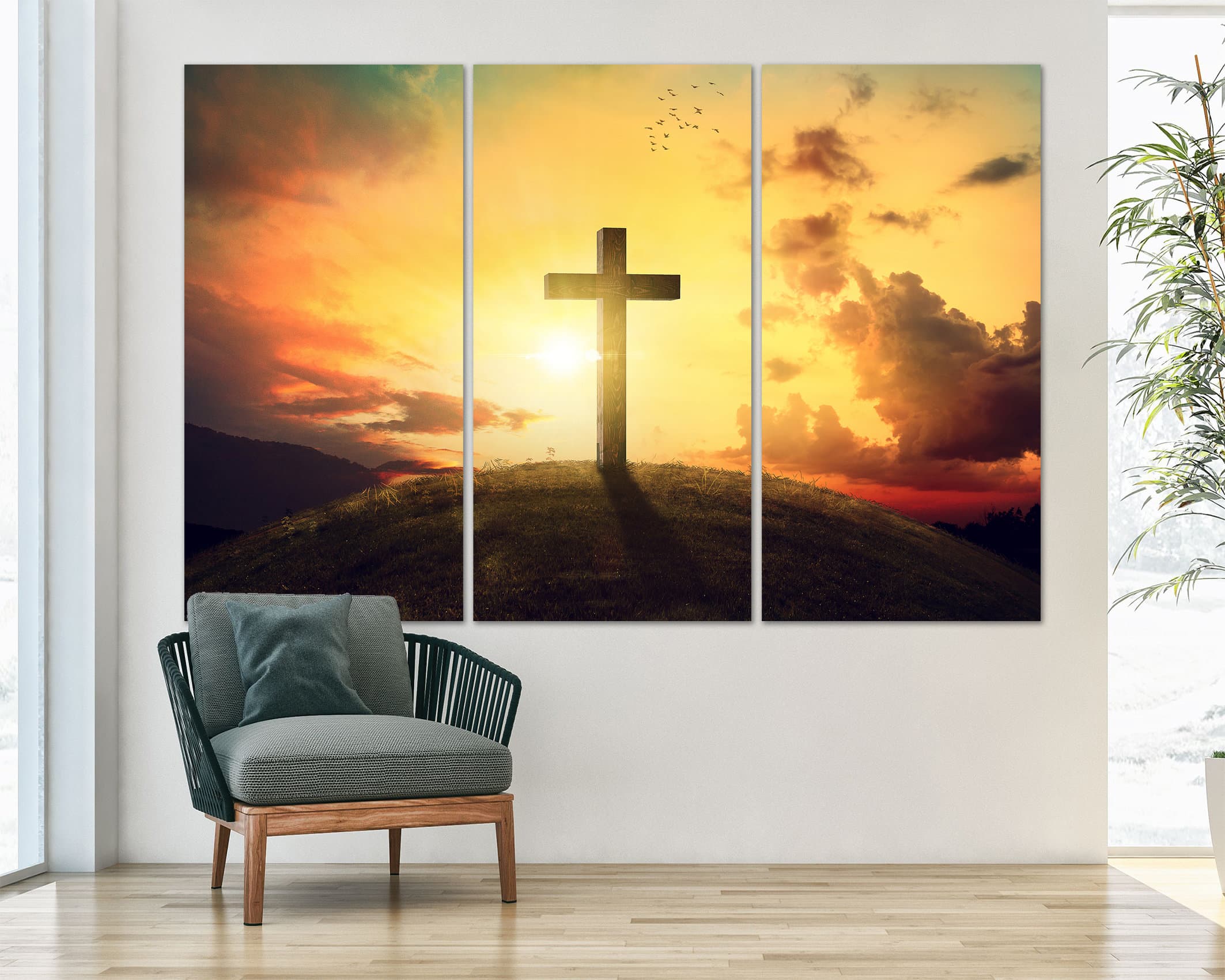Large Wooden Cross on a Hillside at Sunset Christian Wall Art Canvas ...