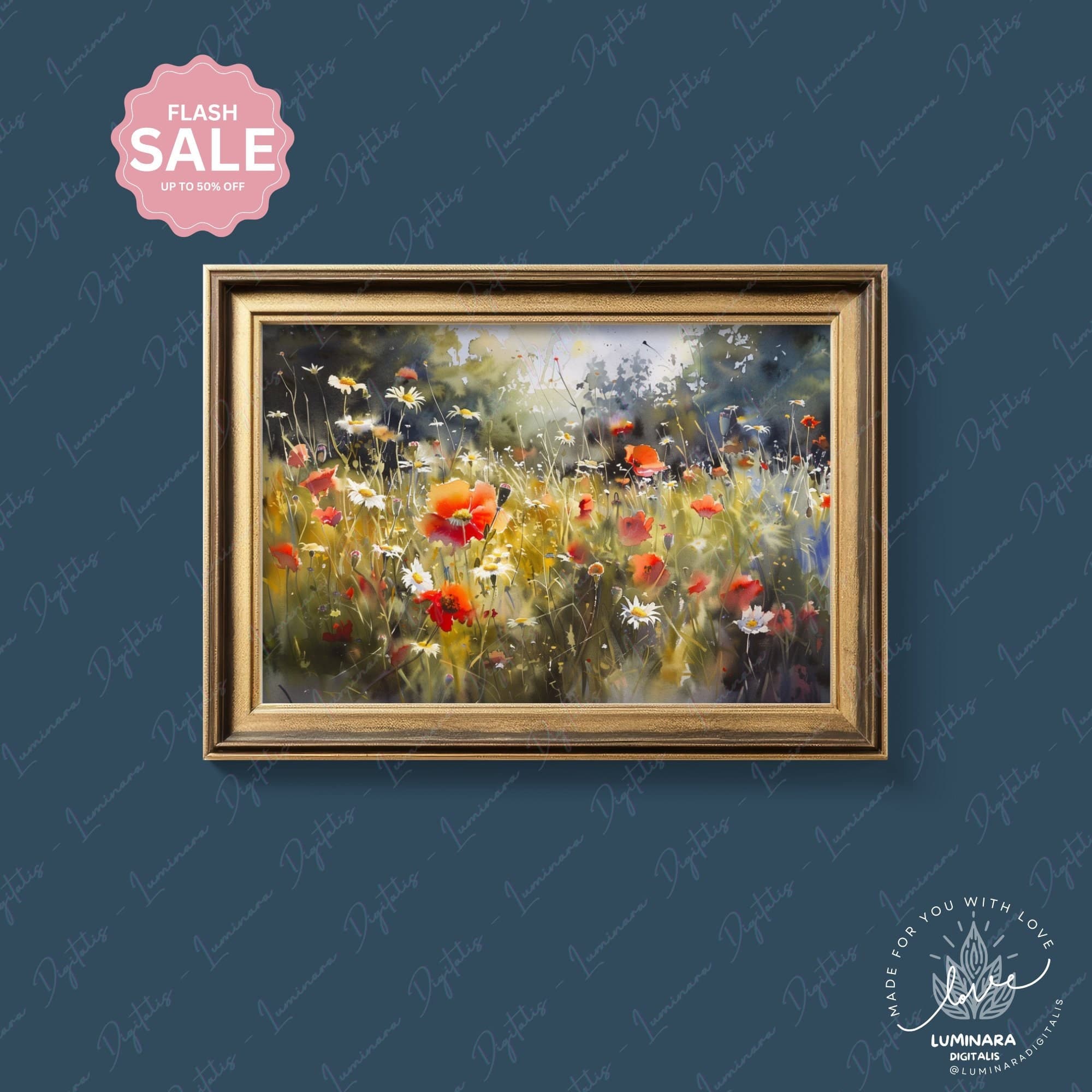 Digital Wall Art, Watercolor Poppies and Daisies Art Print Vibrant ...