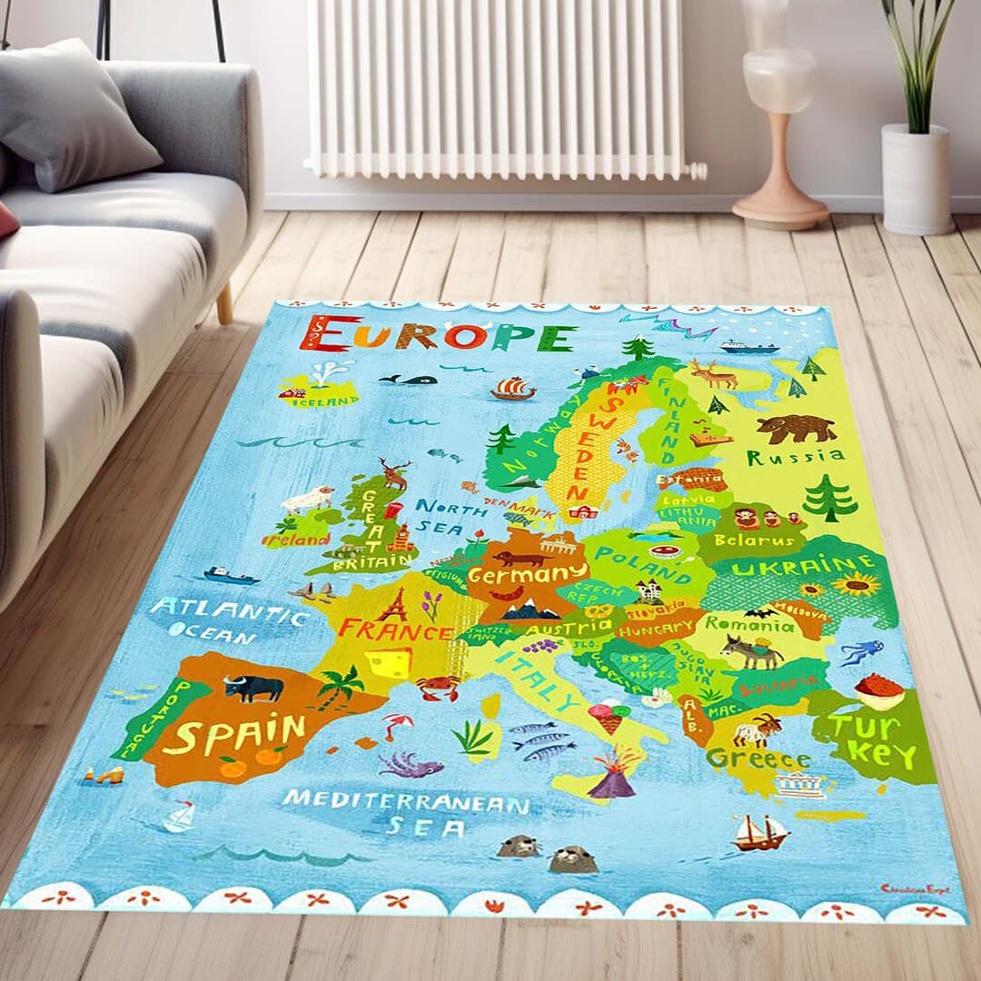 Europe Map With Animals Rugs, Educational Map Rugs, Kids Map Rug ...