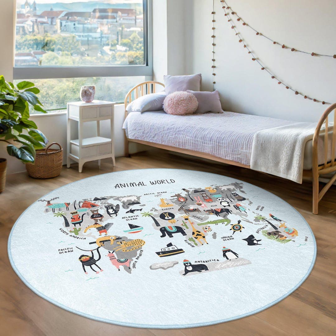 World Map Kids Room Round Rug - Colorful Animal Continent Circle Carpet ...