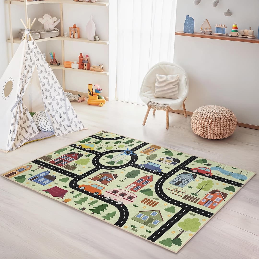Colorful City Road Map Kids Rug, Fun Playroom Carpet, Interactive ...