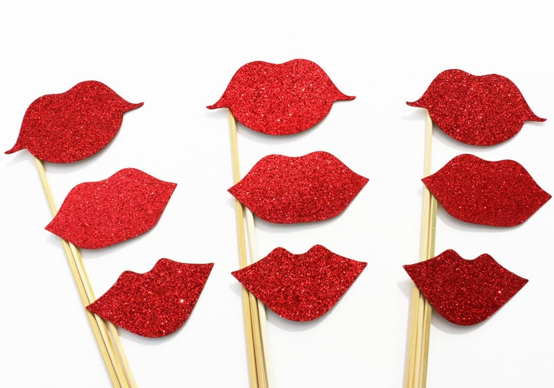 GLITTER Lips Photo Booth Props 9 Piece Set - Wedding Photobooth Pr…