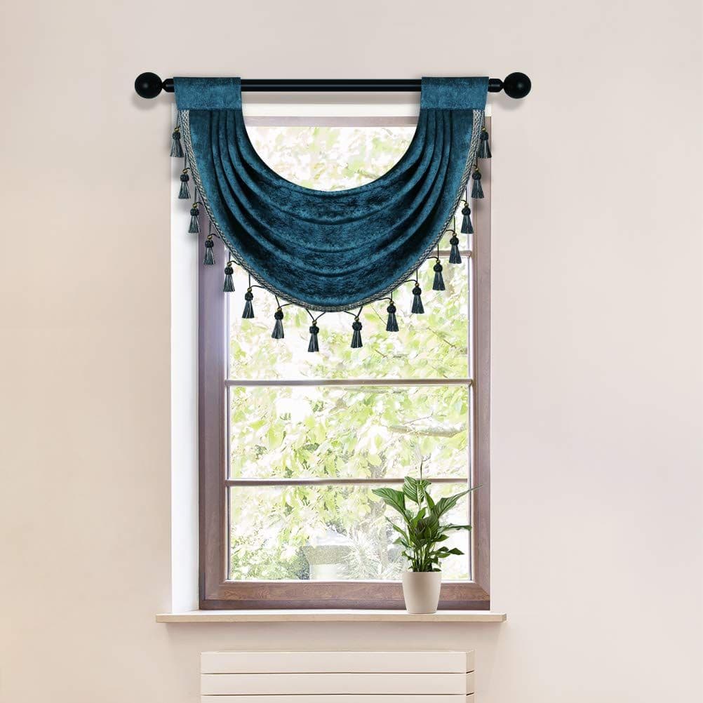 ELKCA Peacock Blue Chenille Waterfall Swag Valance for Living Room ...