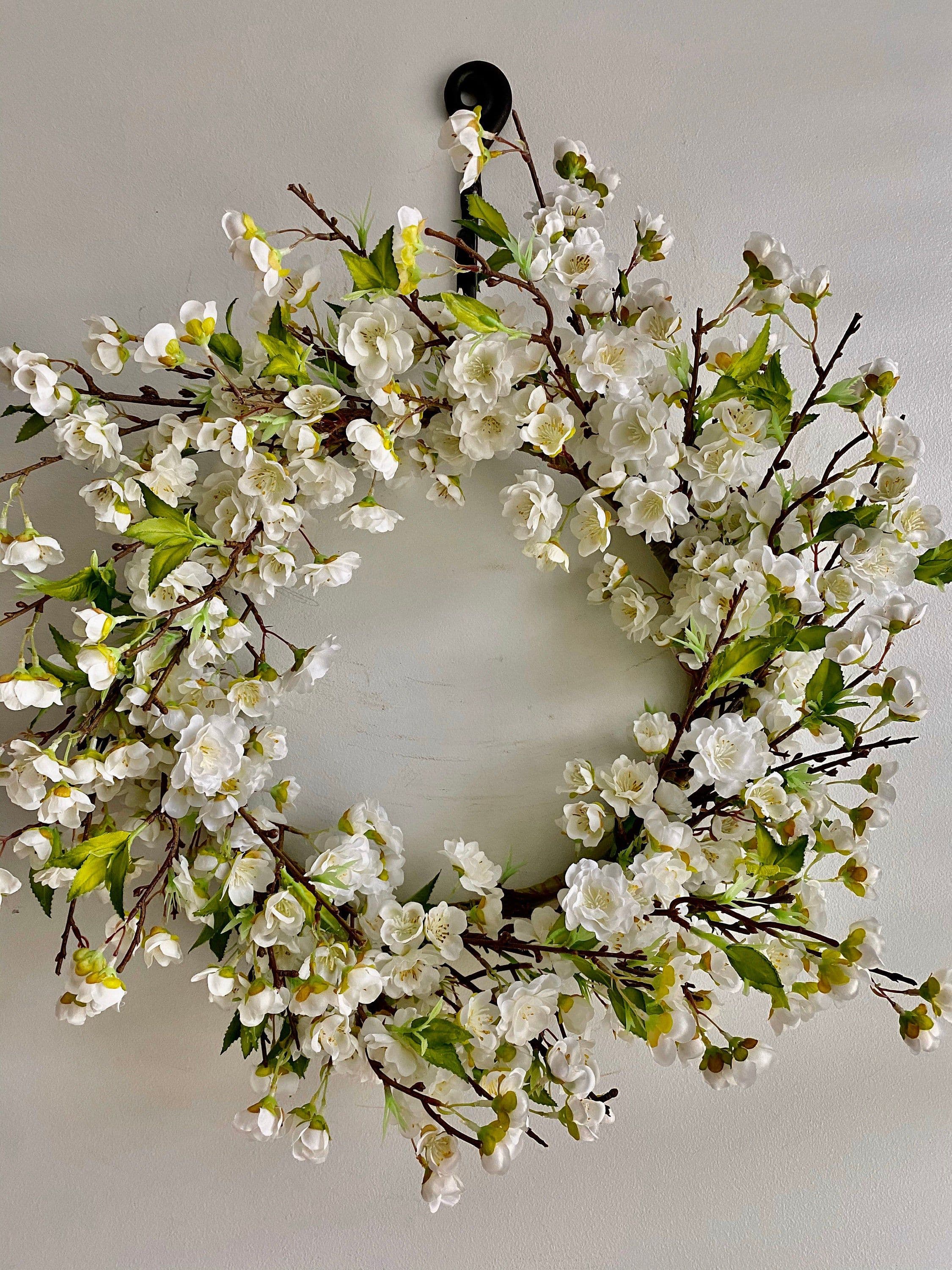 Cherry Blossom Wreath, Farmhouse Wreath, White Floral Wreath, Front ...