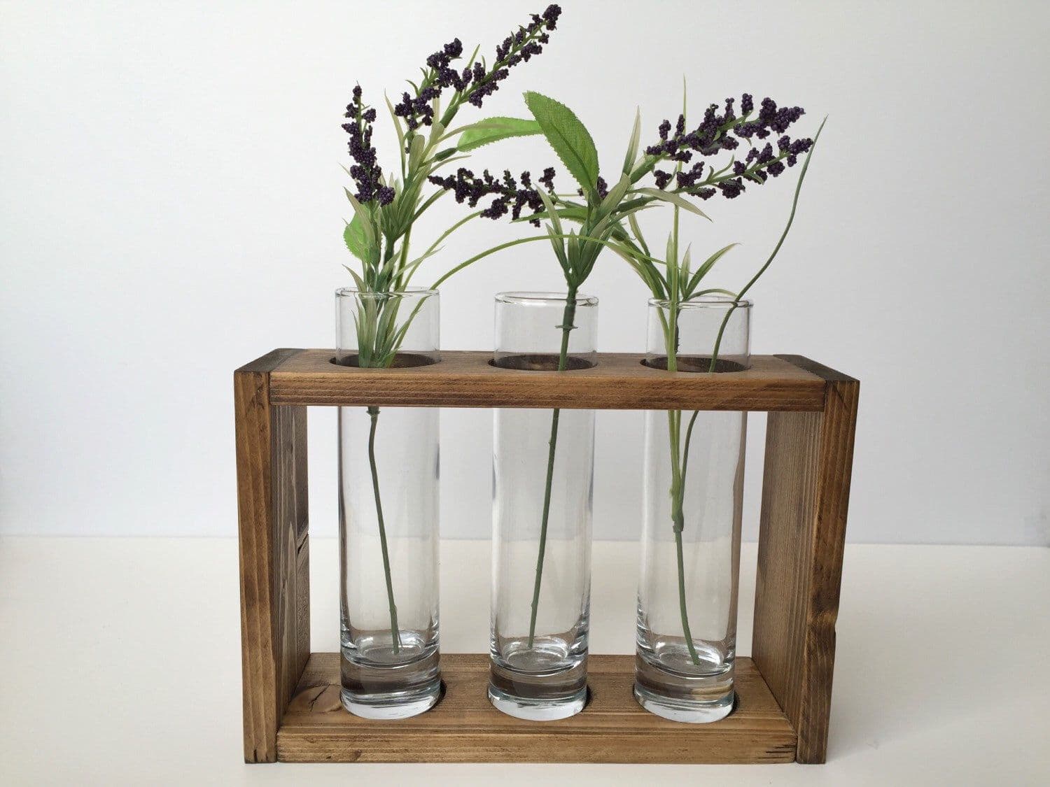 Wood and Glass Bud Vase Holder for Rustic Floral Centerpiece