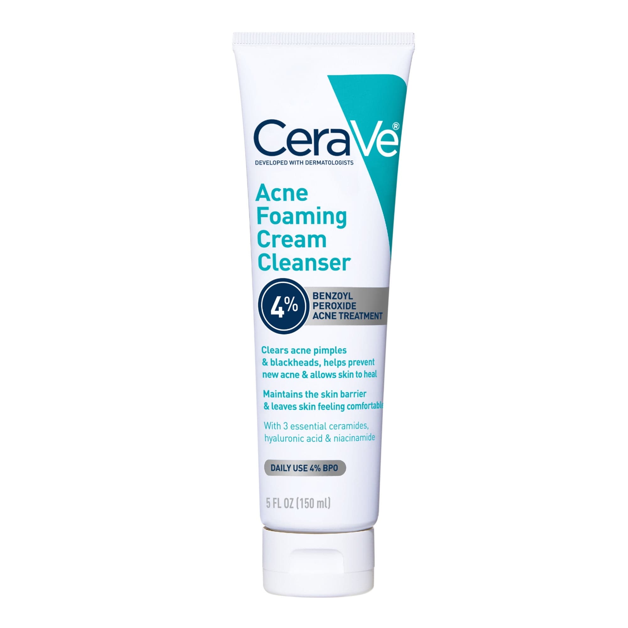 CeraVe Acne Foaming Cream Cleanser with 4% Benzoyl Peroxide for Face, 5 ...