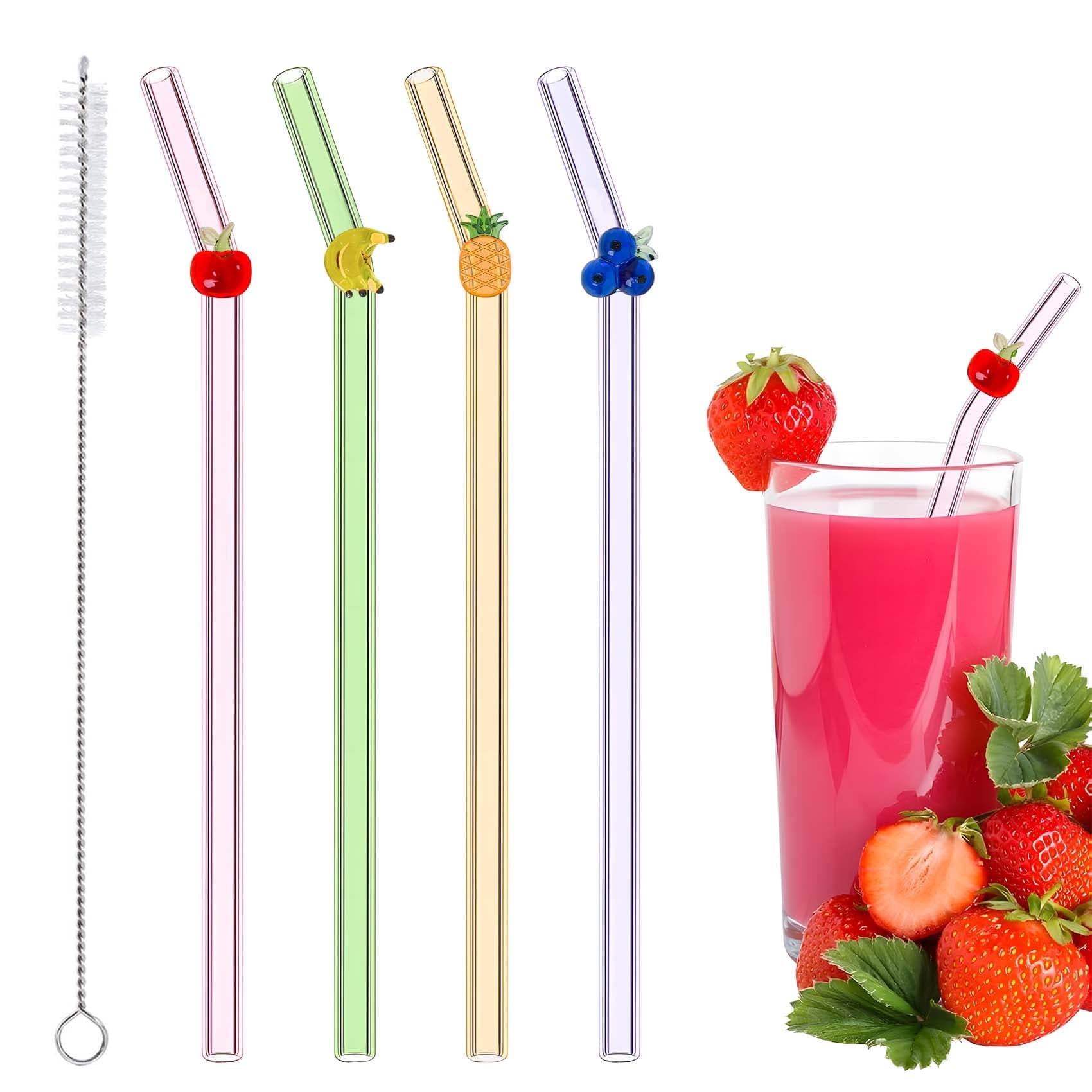 Reusable Glass Straws 4-Pack with Assorted Fruit Charms & Cleaning ...