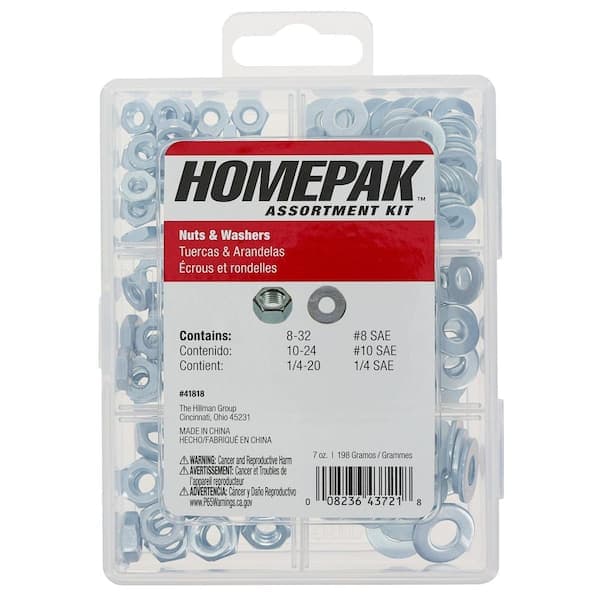 Hillman HOMEPAK Zinc Hex Nuts and Flat Washers Assorted Kit (175-Pack ...