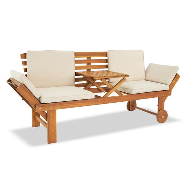 VINGLI Acacia Wood Outdoor Bench with Beige Cushion, Patio Convertible ...