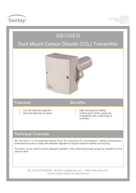 GS-CO2-D Duct Mount Carbon Dioxide (CO2) Transmitter - Sontay