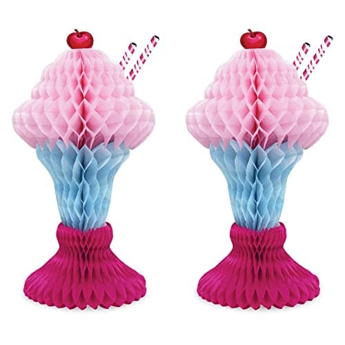 Beistle 2 Piece Honeycomb Tissue Paper Ice Cream Decorations Centerpieces for Malt Shop 50's Theme Party Supplies, 14", Dark Pink/Pink/Light Blue/Red/White