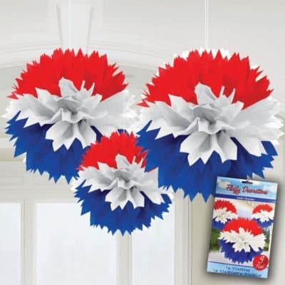 amscan Red White and Blue Large Fluffy Pom Pom Hanging Decorations (3ct)