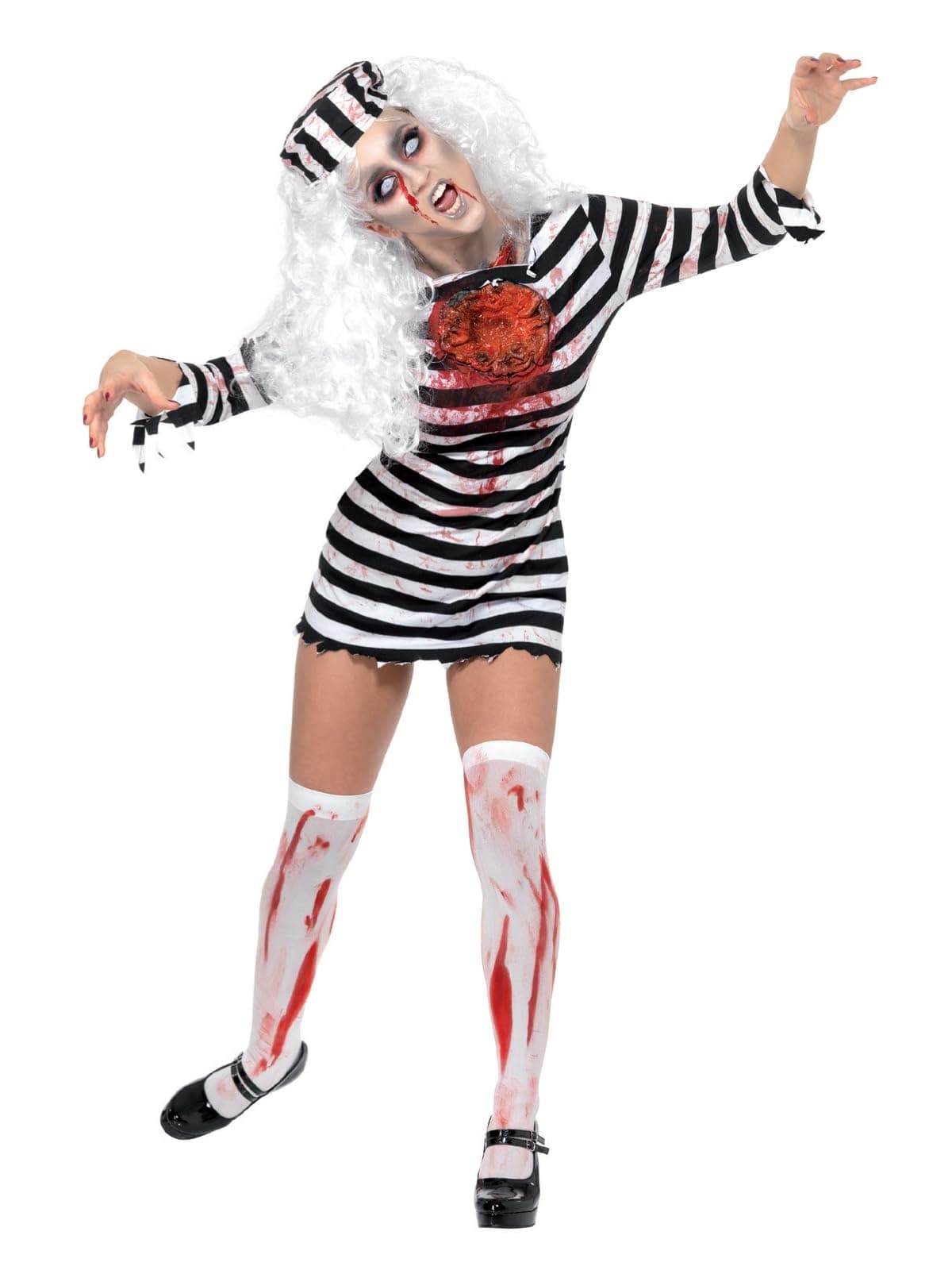 Smiffys Zombie Convict Costume, Black & White with Dress, Latex Piece ...