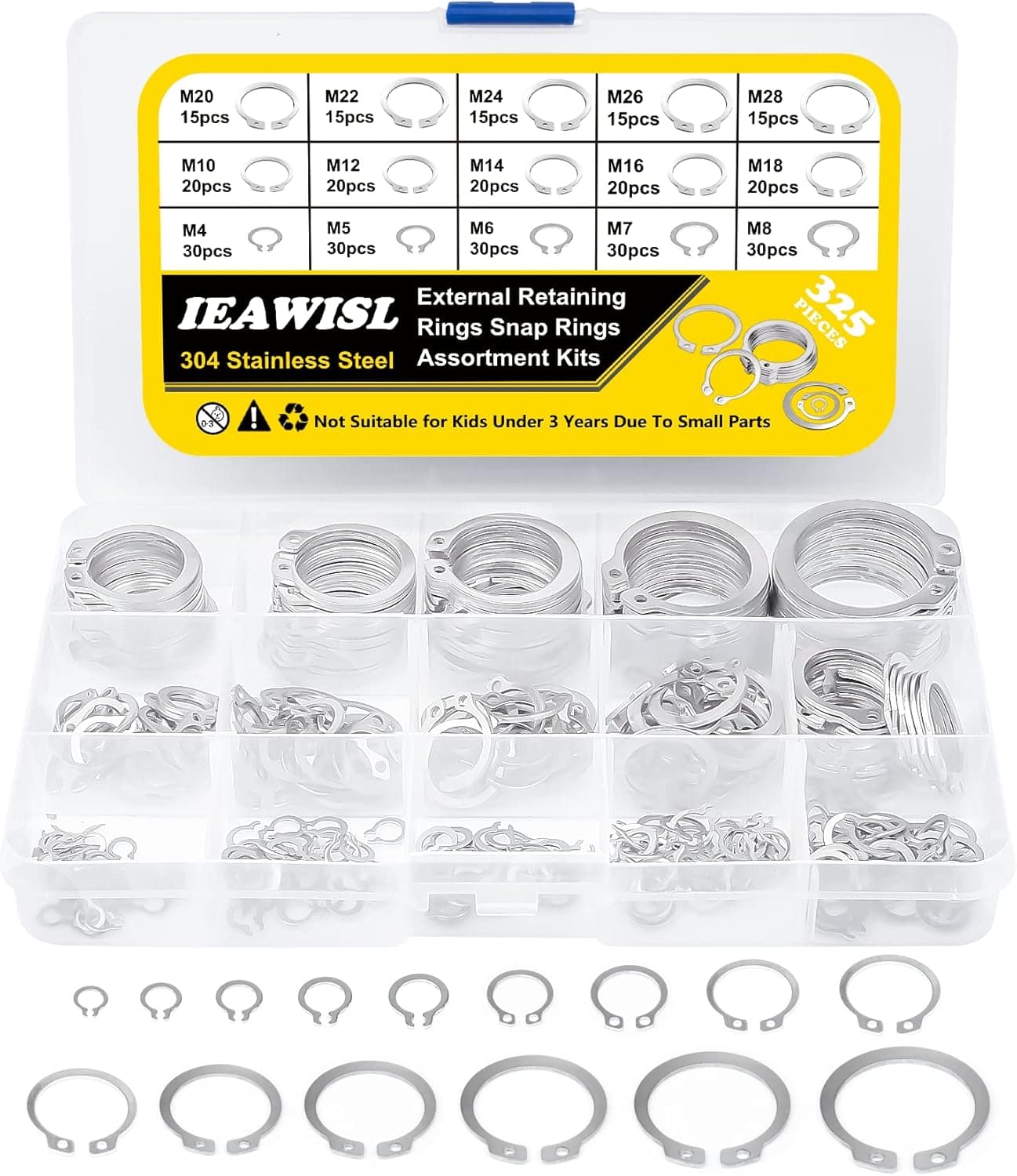 Snap Ring Set, 325PCS Retaining Ring Set 304 Stainless Steel External ...