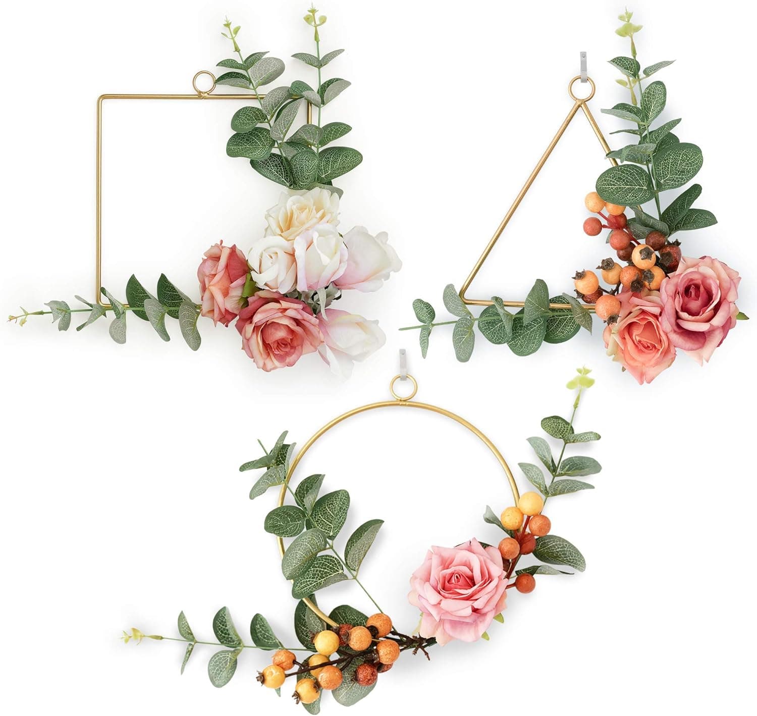 Amazon.com: Boho Gold Floral Wreath Wall Hangings Set of 3 Metal ...