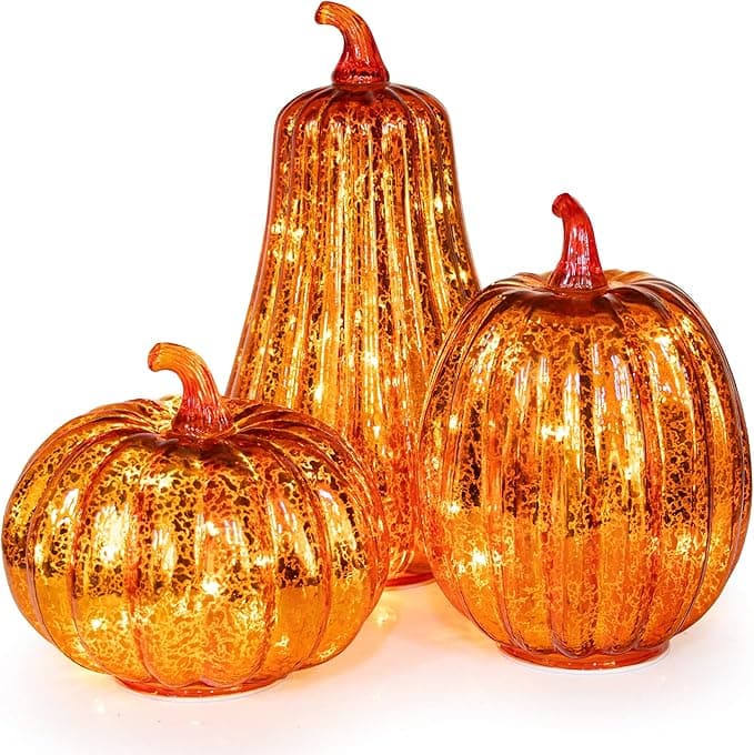 Art Beauty Lighted Glass Pumpkin with Timer Set of 3 Mercury Glass ...