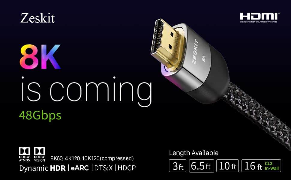 Zeskit Maya 2.1 8K HDMI Cable 6.5ft 4K120Hz 48Gbps for eARC Soundbar ...