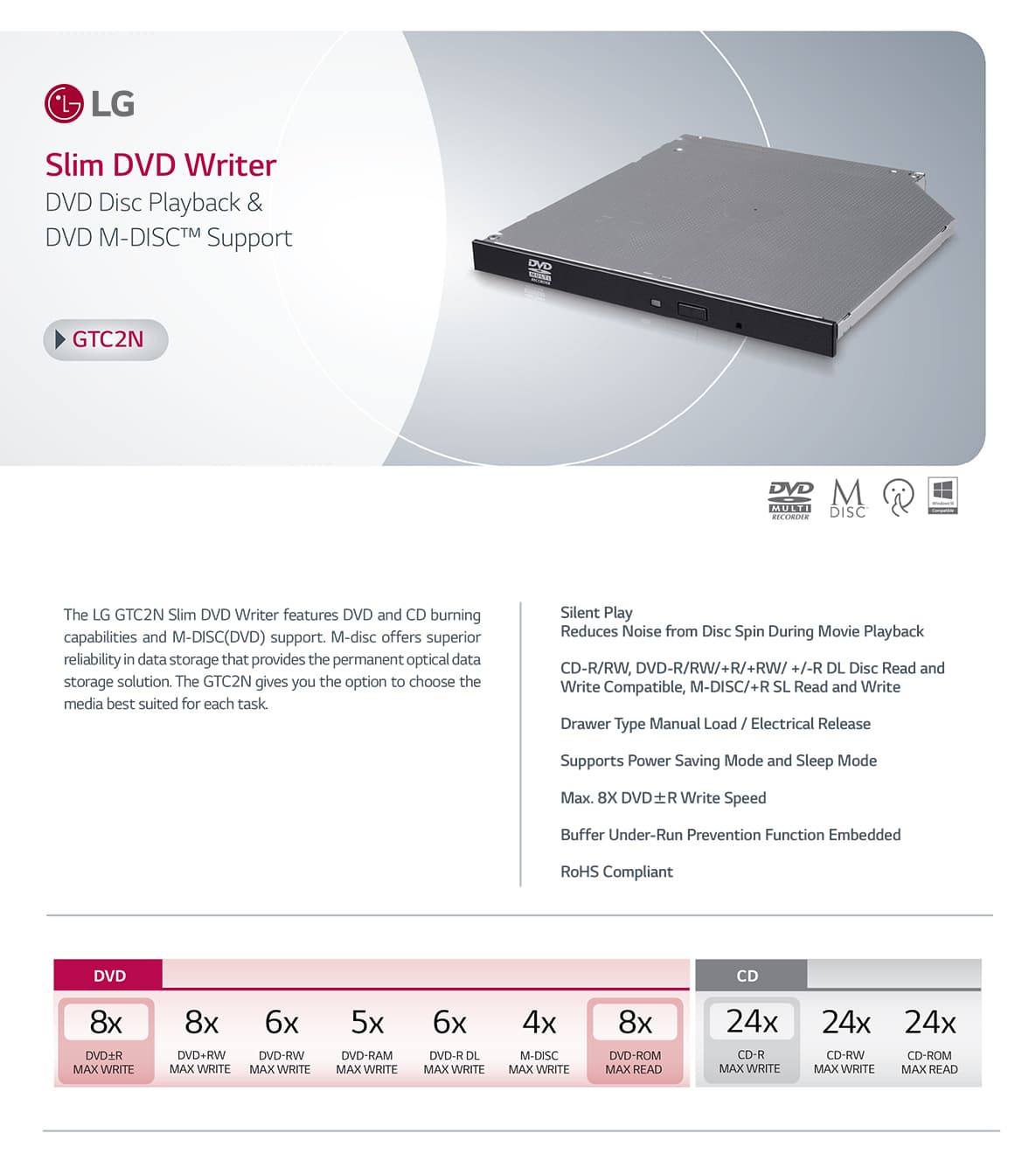 LG Internal Slim DVD Writer, M-DISC Support Max 8X DVD±R Write Speed ...