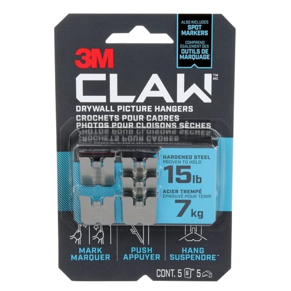 3M CLAW 3PH15M-5EF Picture Hanger, 15 lb, Steel, Drywall Mounting - 5 ...
