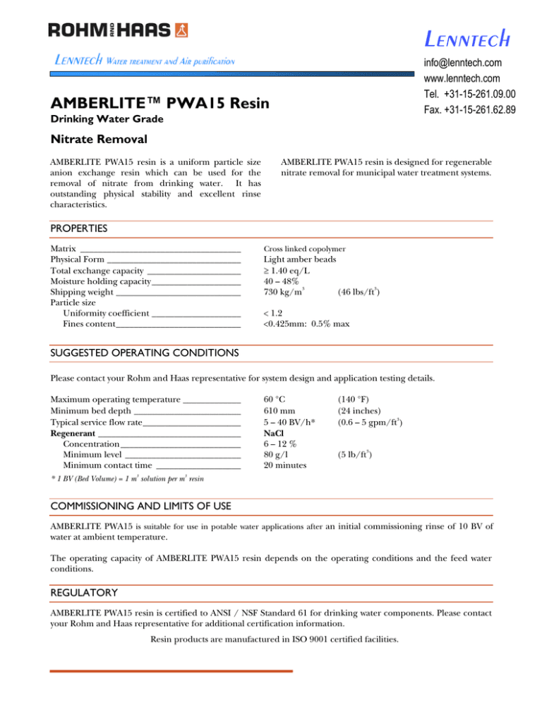 Lenntech AMBERLITE™ PWA15 Resin Nitrate Removal