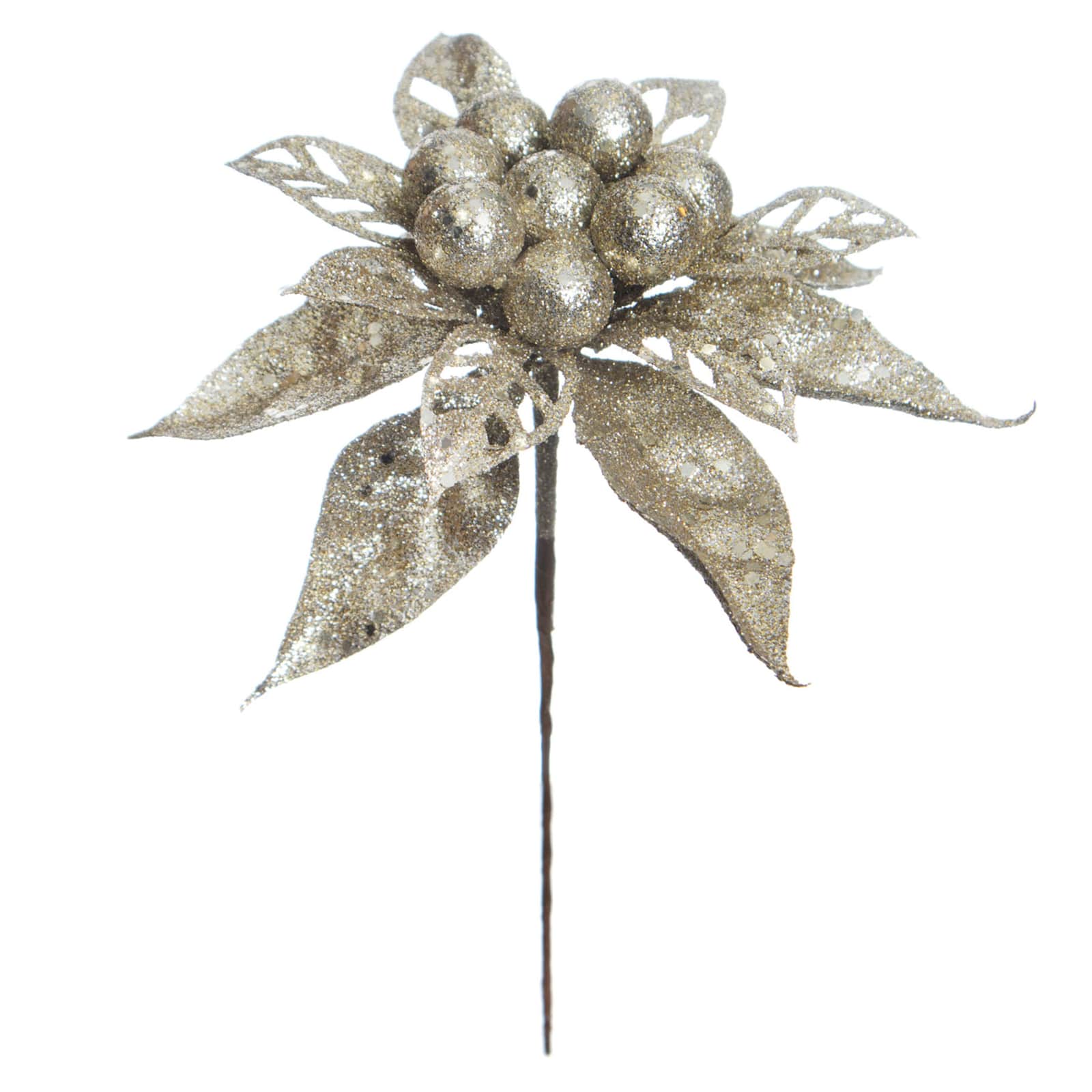 Champagne Glitter Poinsettia Pick 9" | Holiday Florals | At Home