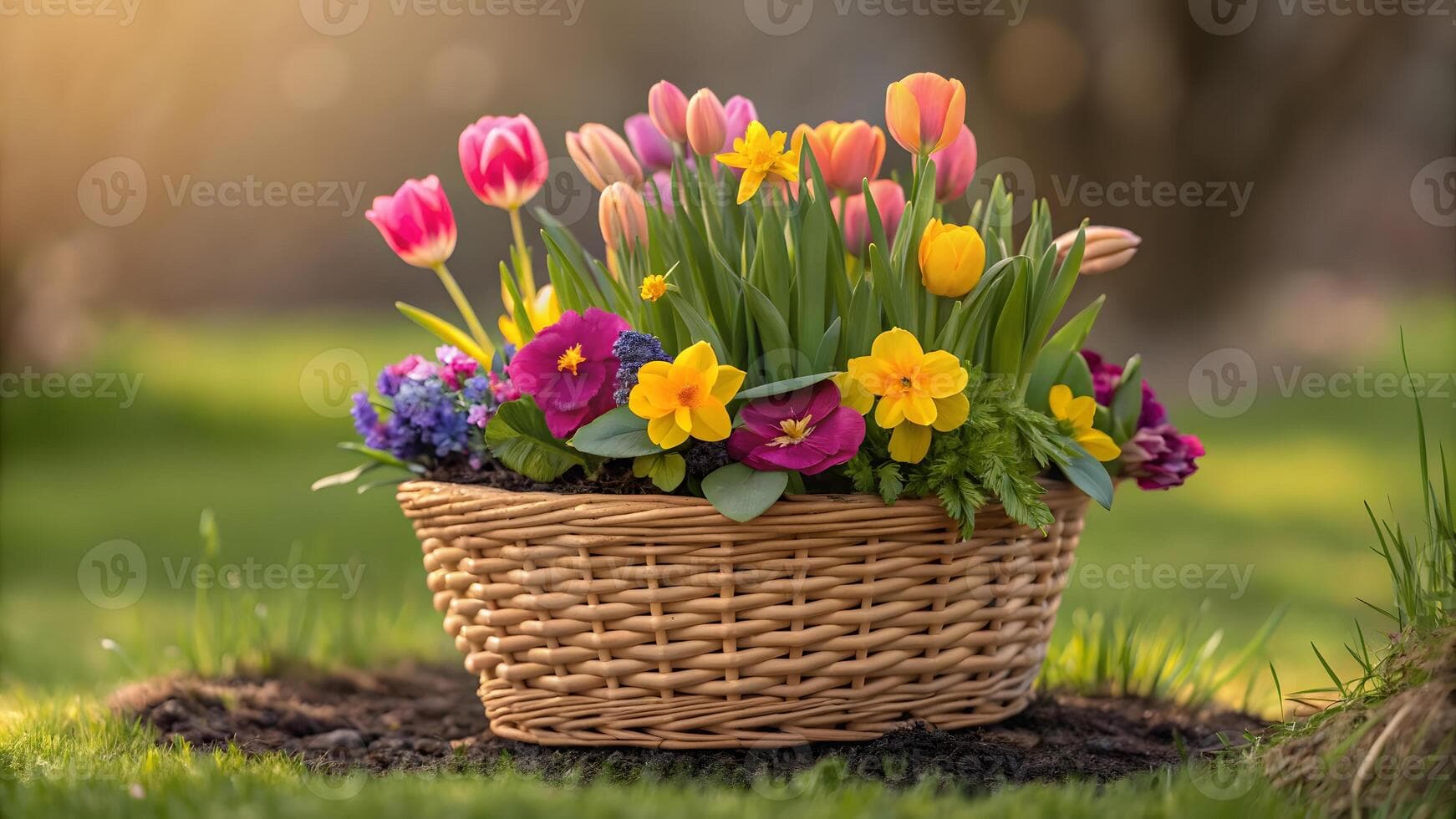 Spring flower arrangement in a wicker basket outdoors. 57218263 Stock ...