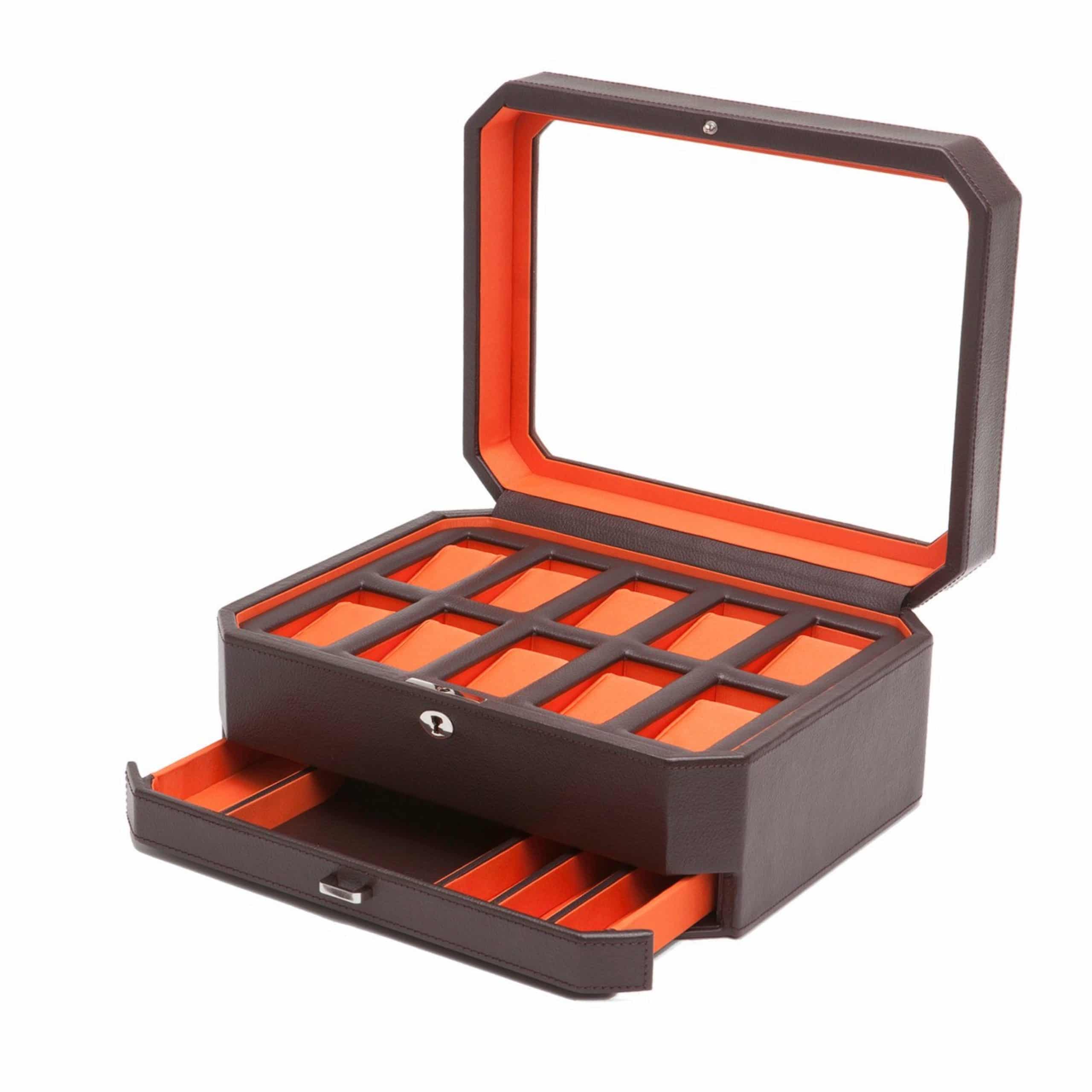 WOLF Windsor 10 Piece Watch Box with Drawer - Brown / Orange | 1010 ...