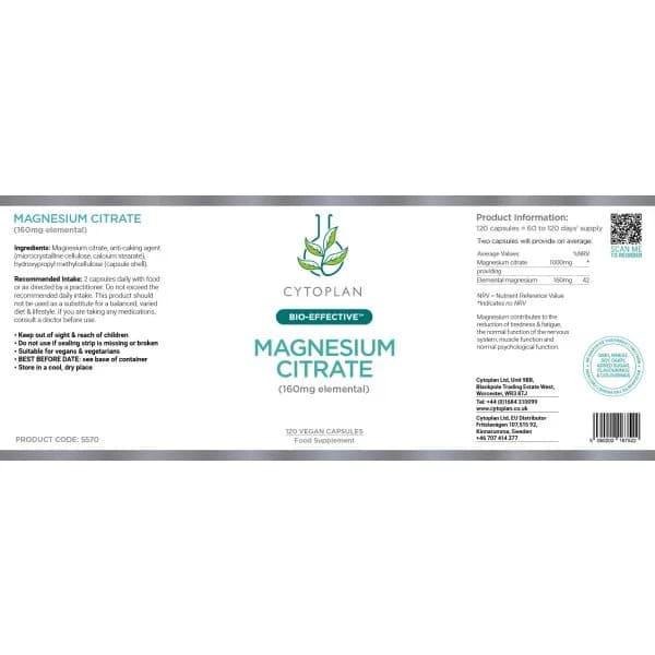 MAGNEESIUMTSITRAAT, 120 kapslit. Cytoplan Magnesium Citrate - Biotheka
