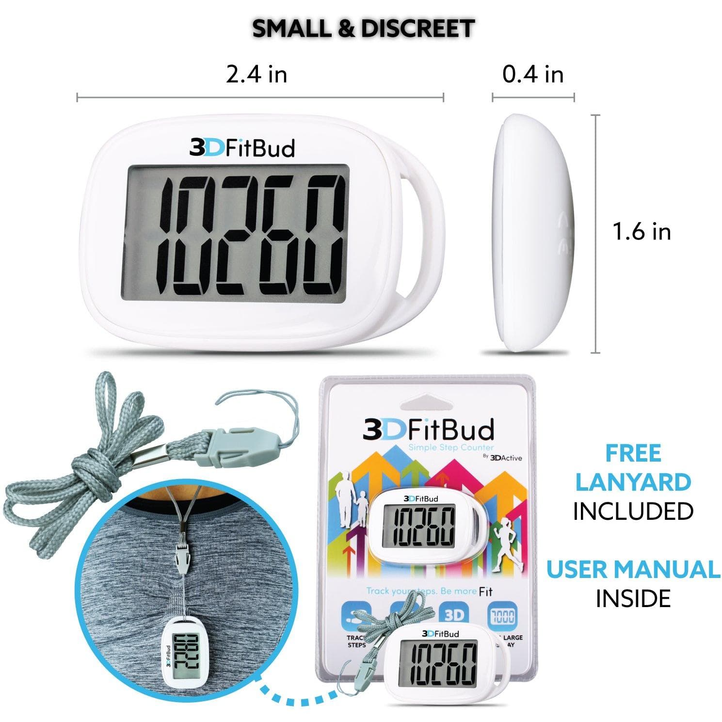 3DFitBud Simple Step Counter Walking 3D Pedometer with Lanyard, A420S ...