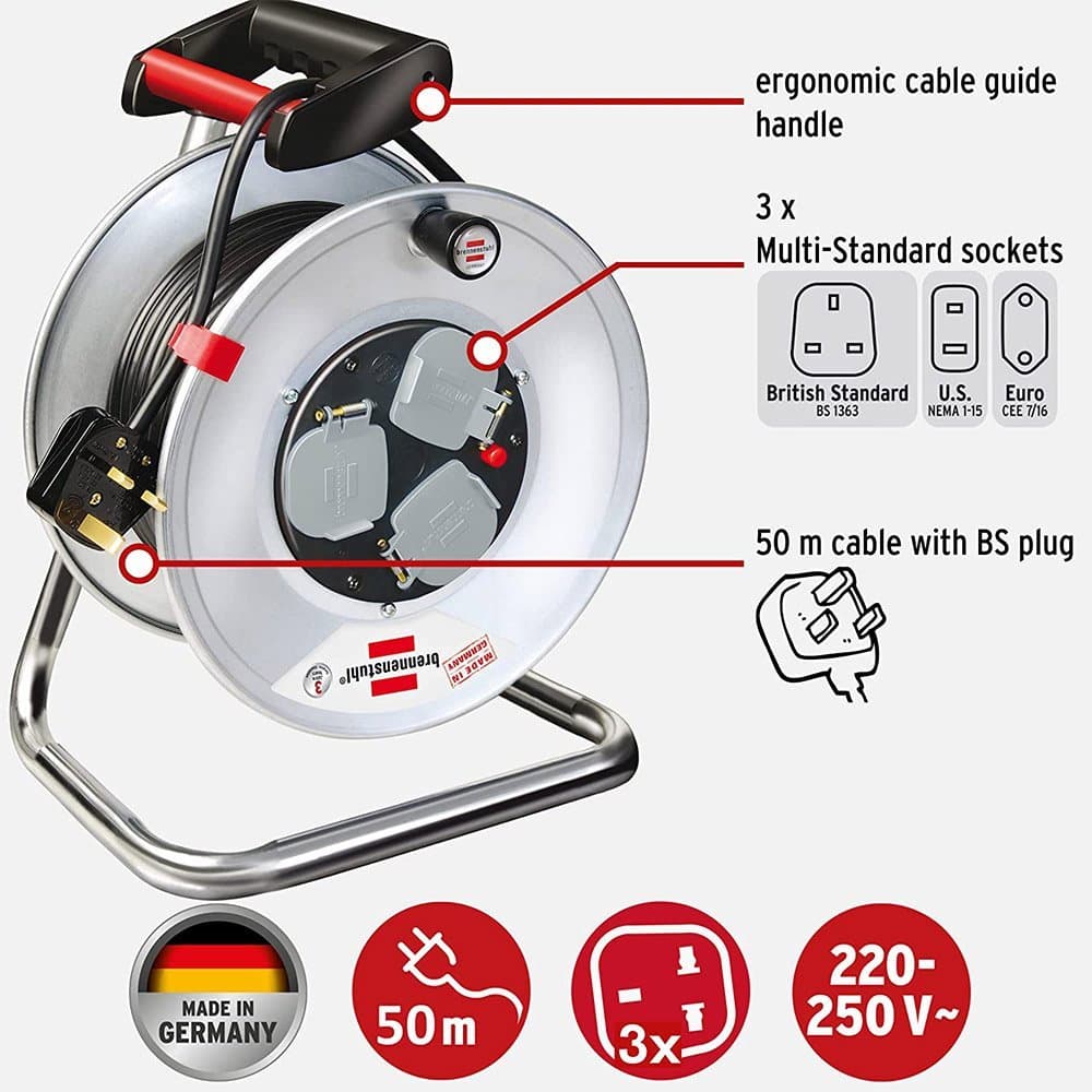 Elitco - BRENNENSTUHL 3-WAY SOCKET CABLE REEL (25M EXTENSION CABLE IN ...