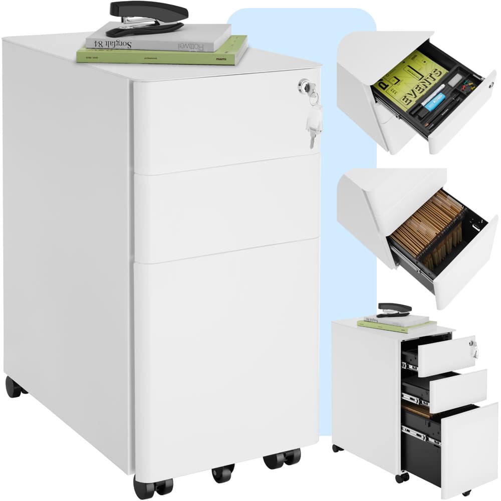tectake Parvus 3 Drawer White Lockable Filing Cabinet | Homebase