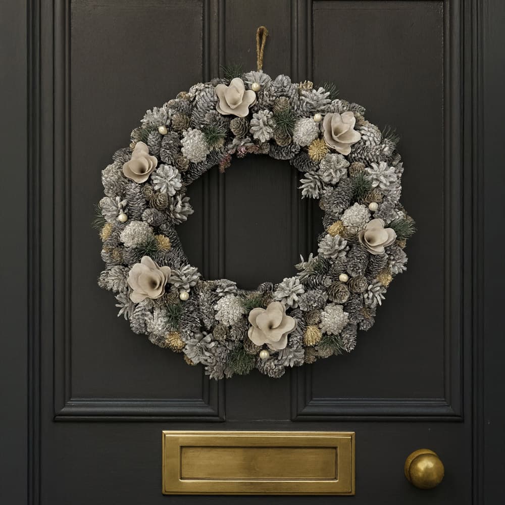 Neo Luxury XL Frosted Pine Cone Christmas Door Wreath 50cm | Homebase