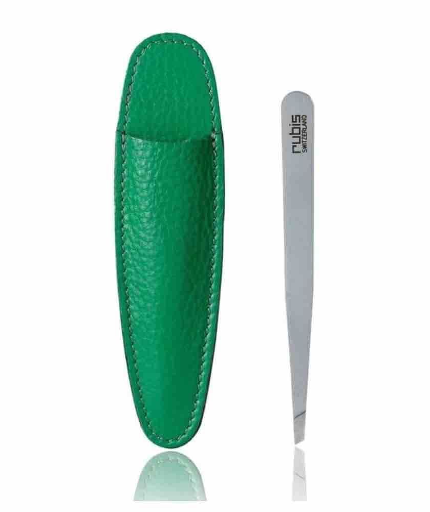RUBIS Switzerland | Tweezers Classic Slant Steel and Leather Case Green