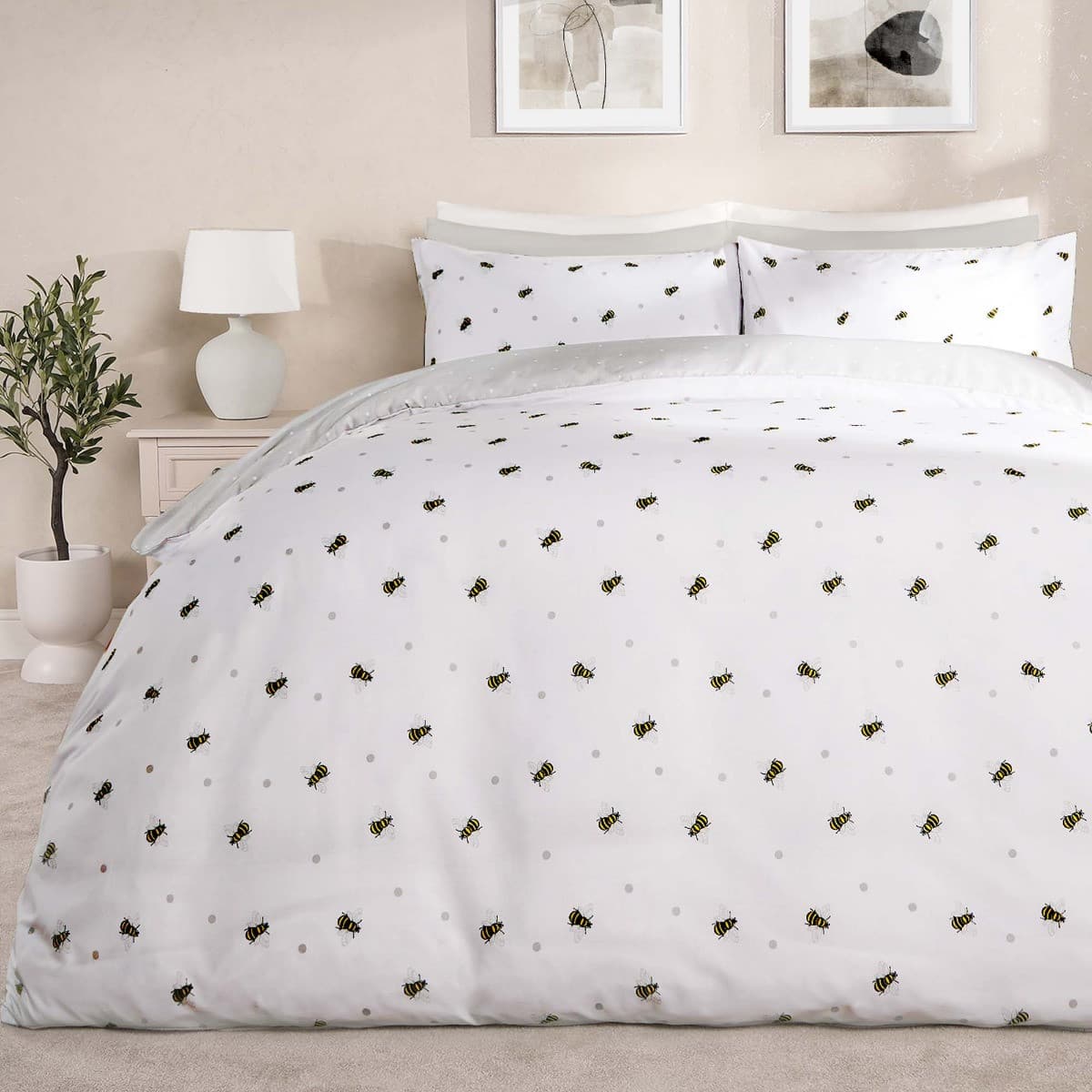 Dreamscene Bee Print Duvet Cover Set, White - Double