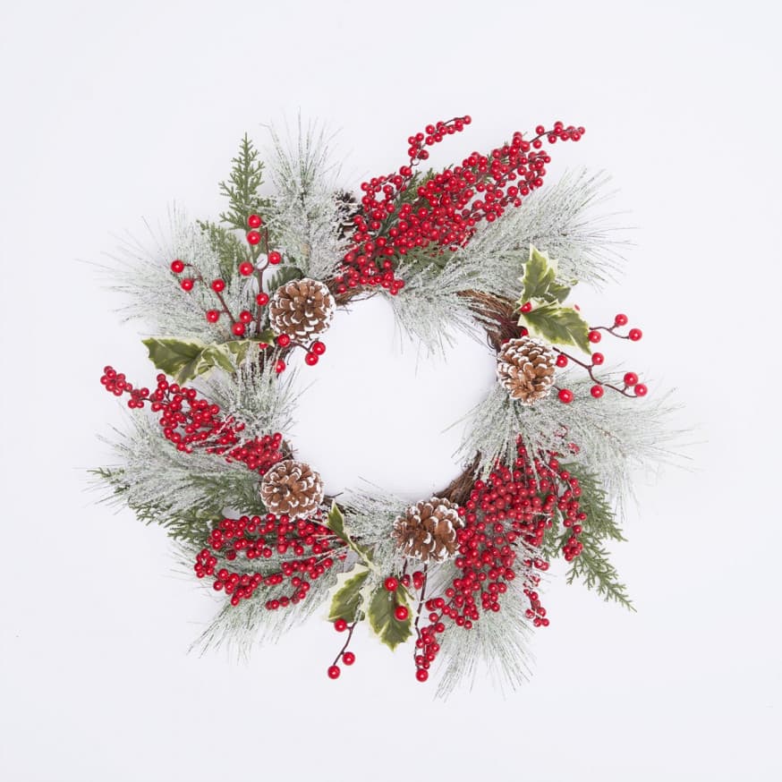 OHS Christmas Festive Frosted Berry Wreath, Red/Green - 50cm