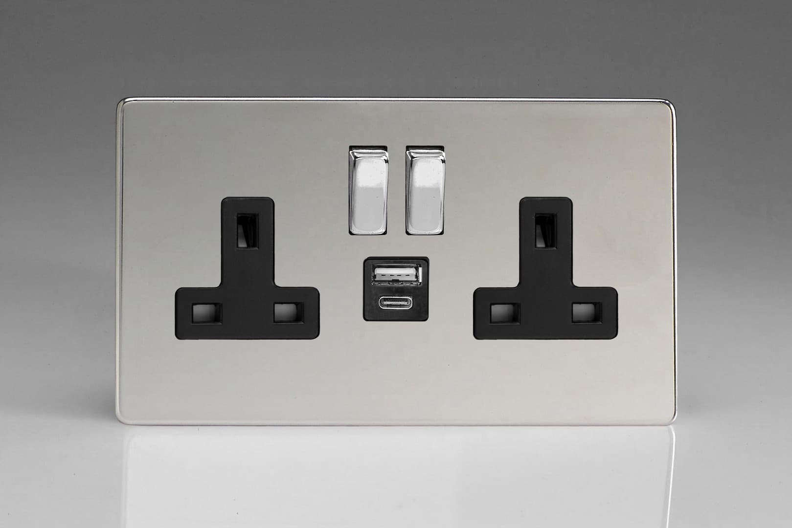 Varilight Flat Plate Screwless Polished Chrome 2-Gang 13A Single Pole ...
